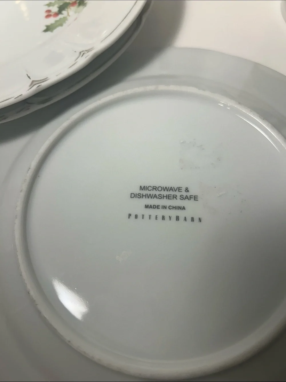 Pottery Barn White Holiday Holly Dinner Plates with Green Leaves and Red Berries